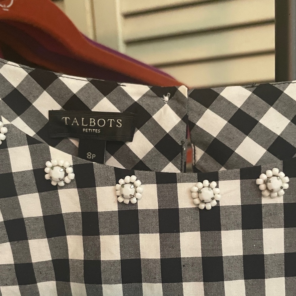 Talbots Black & White Gingham Sleeveless Shell with Embellished Neckline - Picture 2 of 8